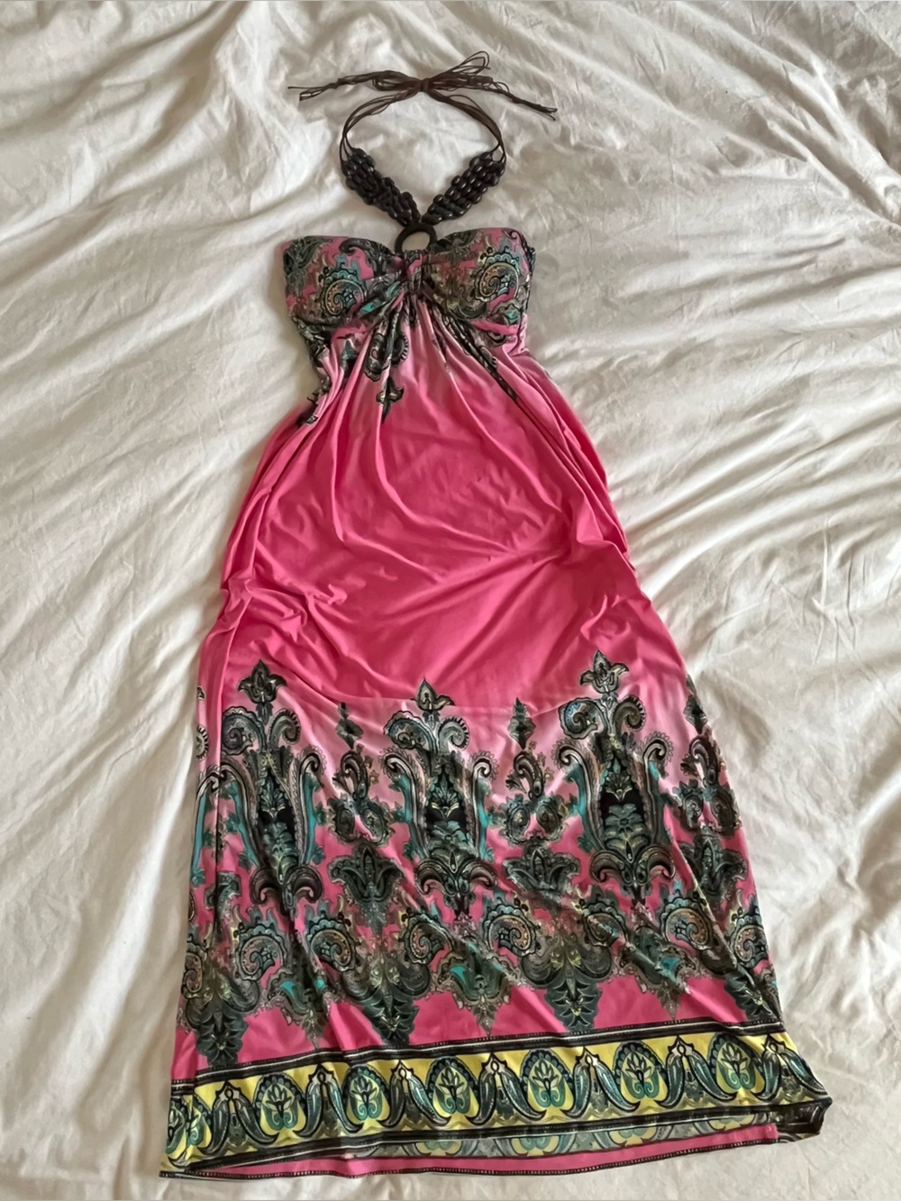 Y2K resort wear pink paisley halter dress with beaded straps